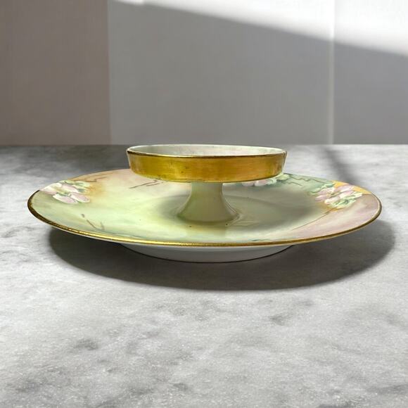 Limoges Porcelain Dogwood Caviar Plate Serving Antiques Tiered Hand Painted Pink - Picture 5 of 9